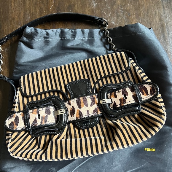 Vintage Fendi Leather & Velvet Striped & Leopard Shoulder Bag - Picture 3 of 10